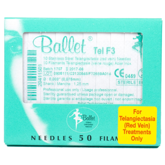 Ballet Tel F3 - Telangiectasia/Red Vein Stainless Steel Electrolysis Needles - 10pk